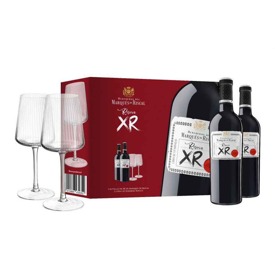 XR de Marqués de Riscal 2020-Estuche de dos botellas y dos copas