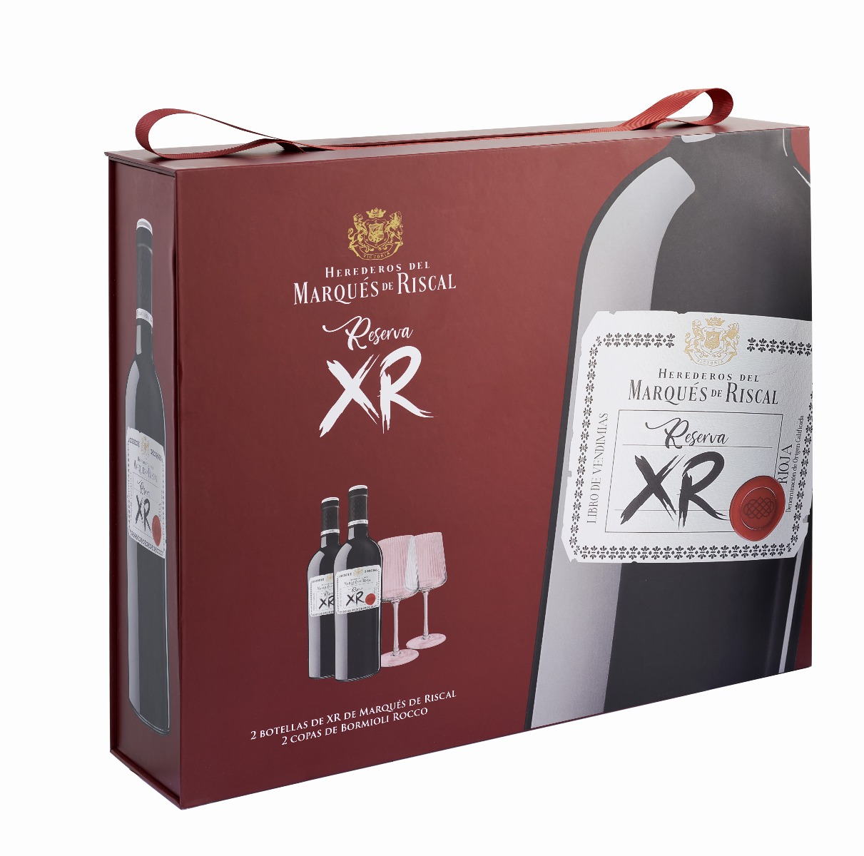 XR de Marqués de Riscal 2020-Estuche de dos botellas y dos copas